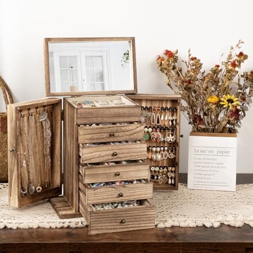 Emfogo Wooden Jewelry Box for Women, 6-Tier Large Jewelry Organizer Boxes with Mirror Rustic Solid Wood jewlery Storage Display for Rings Earrings Necklaces Bracelets watches(Carbonized Brown) view 2