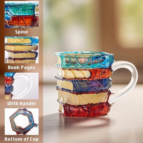 3D Painted Book Coffee Mug, 7 oz Glass Cup, Handmade Stacked Books Design, Colorful Handles, Gift for Book Lovers (Colorful,Small) view 7
