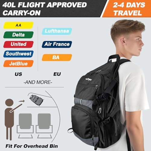 Seektop Lightweight Travel Backpack for Men Women, Multiple Pockets 40L Hiking Backpack Foldable Carry on Backpack for Outdoor Camping Sport Leisure (Black) view 4