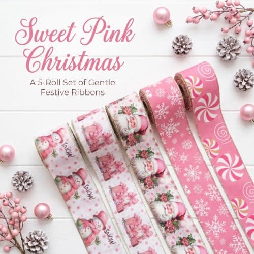 Pink Christmas Wired Edge Ribbon, 2.5 Inch 30 Yards, Santa Snowman Snowflake Patterns, Polyester, 6 Rolls for Wrapping, Bows, Wreaths (Pink&White) view 2