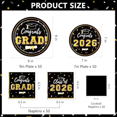 Graduation Party Plates and Napkins 2026 Graduation Party Supplies Black Gold Disposable Paper Plates Luncheon Napkins Cocktail Napkins for Graduation Party Decorations Serve 50 view 3