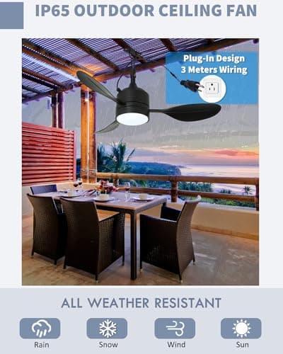 37" Outdoor Ceiling Fan with Light, IP65 Waterproof, Quiet DC Reversible Motor, APP & Remote Control, Dimmable LED 3 Color, 6 Speed, Timing Memory, Plug in Portable Ceiling Fan for Patio Porch Gazebo view 2