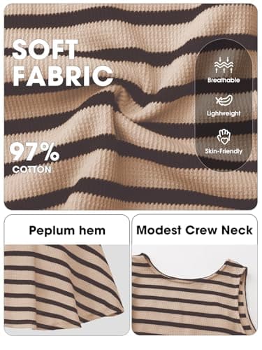 EXLURA Women Summer Tank Tops 97% Cotton Waffle Knit Peplum Top Sleeveless Crewneck Striped Ruffle Hem Business Casual Shirts view 4