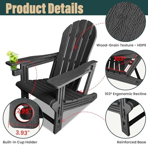 Adirondack Chair with Cup Holder,Tool-Free Assembly,No Screws Needed,All-Weather HDPE Plastic Outdoor Patio Chair,Wood-Grain Slatted Look,Easy to Take Apart for Storage,Fire Pit Chairs(Classic Black) view 6