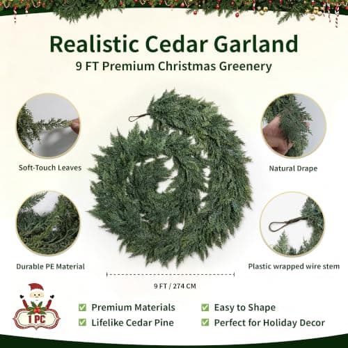 Cedar Garland 9FT Soft PE – Full & Lush Fireplace Mantel Decor | 162 lush tips, 3 lbs of full greenery — bendable soft PE for mantel, staircase & indoor outdoor Christmas decor. view 2