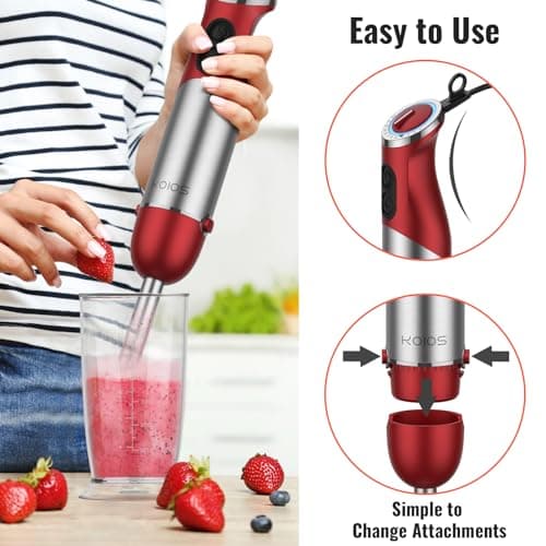 KOIOS 5-in-1 Hand Immersion Blender, 1000W 12 Speed Handheld Blender Stick with Copper Motor Stainless Steel Blade, 600ml Mixing Beaker,500ml Food Processor, Whisk, Milk Frother, Non-BPA, Red view 5
