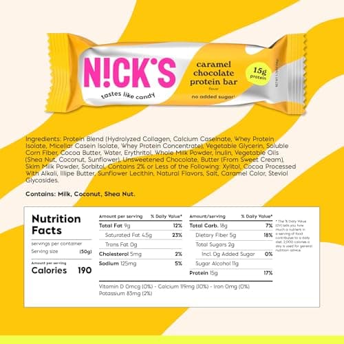 N!CK'S Protein Bars Chocolate Caramel, 12-Count Box (12 bars x 50g) | Protein-Packed Snack, Low Calories, Low Carbs, Keto Friendly, No Added Sugar view 2