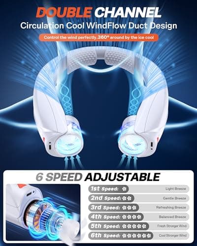 Laimiod Portable Neck Fan - with LED Book Light, 6-20 Hrs Long Battery, 6-Speed Adjustable, USB-C Rechargeable, Ultra Quiet, Hands-Free Personal Cooling for Men Women Outdoor Indoor view 4
