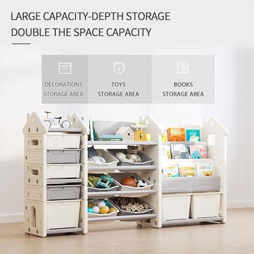 Deer COCO Montessori 3-in-1 Kids Toy Storage Organizer with Bookshelf, 72-Inch Wide Extra Large Toddler Shelf, 13 Bins, Anti-Tip Non-Toxic Plastic, for Living Room, Playroom, Daycare view 3