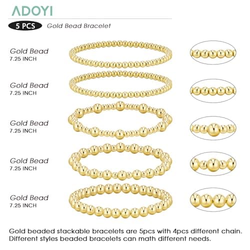Gold Bracelets for Women Waterproof, 14K Gold Plated Beaded Strand Bead Ball Bracelets stack Adjustable Jewelry Set for Gifts view 2