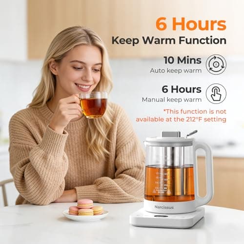 Narcissus Electric Kettle Temperature Control ±5℉, 1.8L Glass Electric Tea Kettle with Removable Infuser for Flowers & Fruit Tea, 1200W Fast Boiling, 6 Hours Keep Warming, White view 4