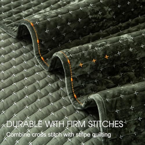 Powdion Velvet Quilt Queen Size, Oversized Bedspread Quilted Bedding Set, Luxurious Soft Coverlet Set Lightweight Velvet Comforter for All Season with Pillow Shams 90x96 Army Green Striped Queen view 5