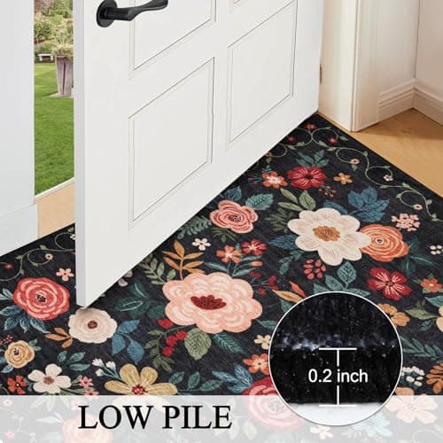 DUKINO 2x6 Runner Rug for Hallway, Washable Kitchen Runner Rug with Non Slip Backing, Low Pile Soft Boho Floral Runner for Kitchen, Hallway, Entryway, Laundry, Bedroom, Black view 4