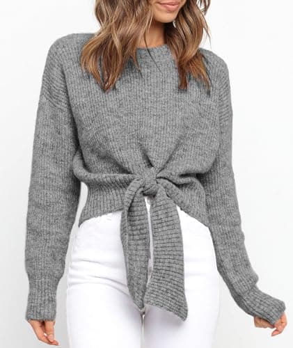 Okiwam Women's Long Sleeve Cropped Sweaters Casual Knit Pullover Tie Front Crew Neck Fall Outfits Spring Fashion Clothes 2026 view 4
