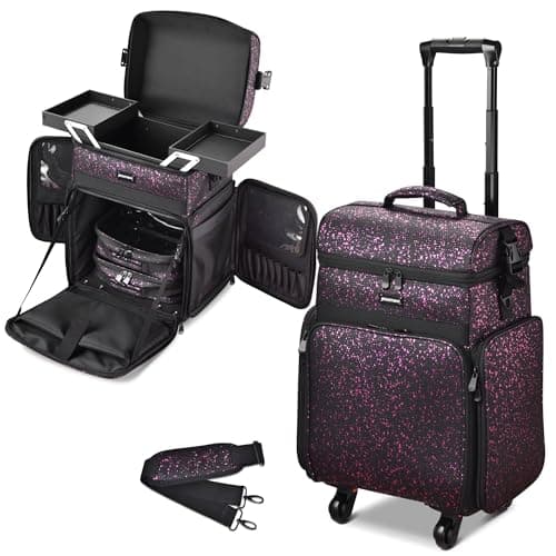 BYOOTIQUE Soft Sided Rolling Makeup Train Case Cosmetic Organizer Crocodile Makeup Case Trolley for Makeup Artist Nail Technician Hairstylist Crafters with Detachable Pouch & Shoulder Strap,Purple
