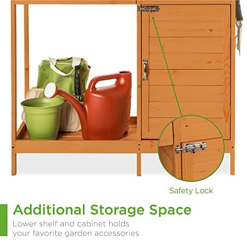 Best Choice Products Outdoor Garden Wooden Potting Bench Work Station w/Metal Table Top, Pre-Stained Finish, Cabinet, Sliding Drawer, Large Bottom Shelf - Brown view 4