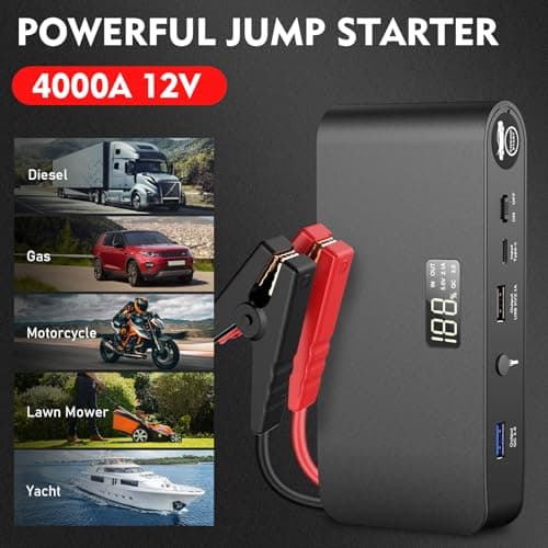 BOOKOO Car Battery Jump Starter 4000A,16000mAh Portable Battery Jumper Cables for Car 8L Gas 7L Diesel Engines,Jump Box with USB QC 3.0 PD 18W Fast Charging,3 LED Modes with SOS for Emergency Use view 2