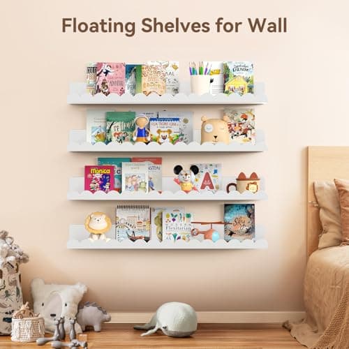 Gattlukd Floating Shelves for Wall, 23 Inch Metal Nursery Book Shelves 4 Pack, Wall Mounted Book Shelf for Kids Room, Bedroom, Bathroom, Playroom Decor （White） view 5