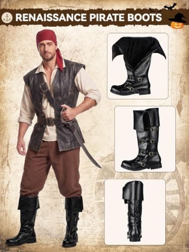 FancyFun Medieval Pirate Boots Men, Renaissance Boots Gothic Cosplay Shoes | PU Leather, Plush Lining, Wide Calf, Knee-High & Non-Slip, Rivet Accents & Calf-Buckle, with Boxes, Soft & Sturdy view 6