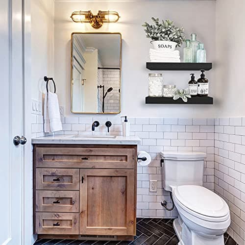 QEEIG Bathroom Floating Shelves for Wall (Black, Set of 2, 15.7") | 16 inch Small Shelf Over Toilet for Farmhouse Home Decor, Rustic Plant Display, Towels Organizer (008-40B) view 2