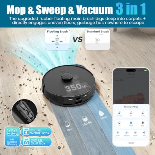 Lorvida Robot Vacuum and Mop Combo, 90-Day Self Emptying T20+ | 6,000Pa, Home Mapping, No-Go Zone, 180 Mins, APP/Voice/Remote, Robotic Vacuum Cleaner for Hard Floor, Pet Hair, Carpet view 3