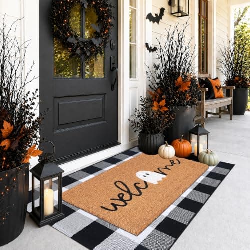 Halloween Door Mat Combo Set, Welcome Ghost Coco Coir Welcome Doormat + 28" x 43" Black and White Plaid Rug, Autumn Halloween Front Porch Entryway Decor Floor Mat view 6