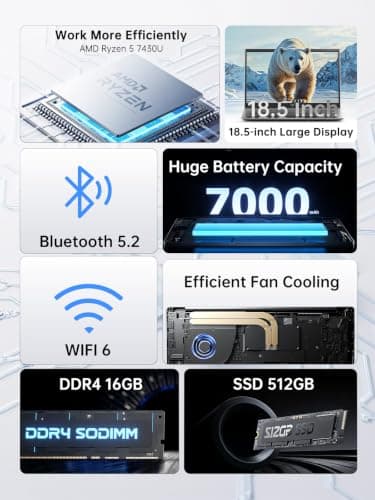 18.5 Inch Gaming Laptop with 7000 mAh Battery,AMD Ryzen 7430U UP to 4.3GHz | AMD Radeon RX Vega 7,16GB DDR4 RAM 512GB SSD,WiFi 6,Type-C,2026 Windows 11 Laptops Computer for Business Office Student view 2