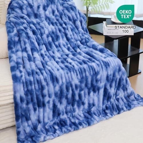IFNOW Double Sided Ruched Faux Rabbit Fur Throw Blanket for Couch, Ultra Soft Fluffy Mink Blanket, Plush Cozy Home Decor Throw Gifts for Women & Men, 50"x60", TieDyeBlue view 2