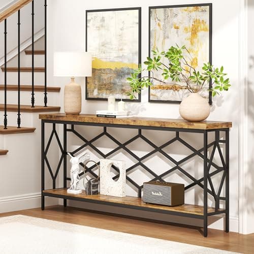 karlott 71" Extra Long Entryway Table, Narrow Console Table, Industrial Sofa Behind Couch Table with Open Storage Shelf, Hallway Table for Entryway, Living Room, Foyer, Entrance, Unique Design, Brown view 3