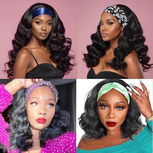 JCL Headband Wig Human Hair Body Wave Headband Wigs Human Hair Wig 14 Inch Human Hair Curly Wigs for Black Women Natural Color None Lace Front Wigs view 2
