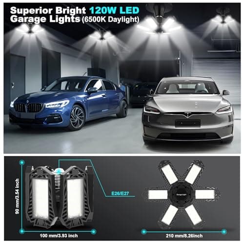 LUCORUSC Led Garage Lights Bulb 10 Pack 120W Super Bright Ceiling Led Shop Lights 6 Deformable Panels Screw in E26/E27 6500K 12000 LM Deformable Garage Light Ideal for Basement Attic and Workshop view 3