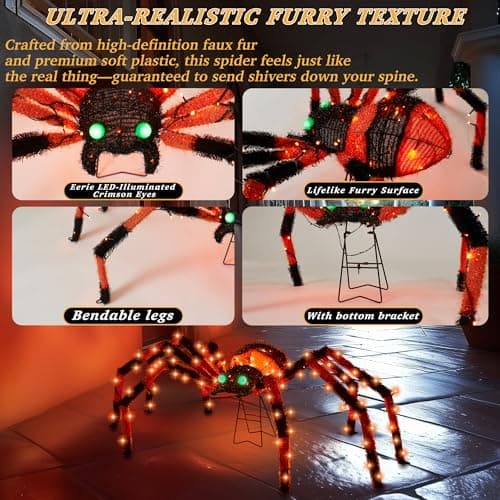 4.2Ft Giant Spider Halloween Decorations Outdoor 52" Light Up Spider with 90 LED Lights for Front Yard, Porch, Garden, Lawn, Halloween Party (Orange) view 3