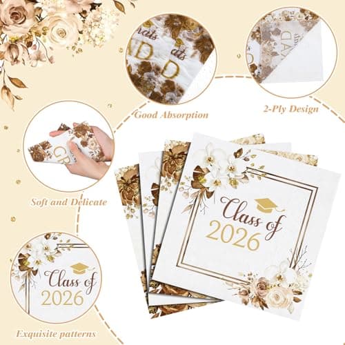 80 Pcs Boho Graduation Napkins, 6.5 Inch Boho Floral Congrats Grad Party Napkins Gold and White Class of 2026 Paper Napkin for High School College Graduation Party Decorations view 3