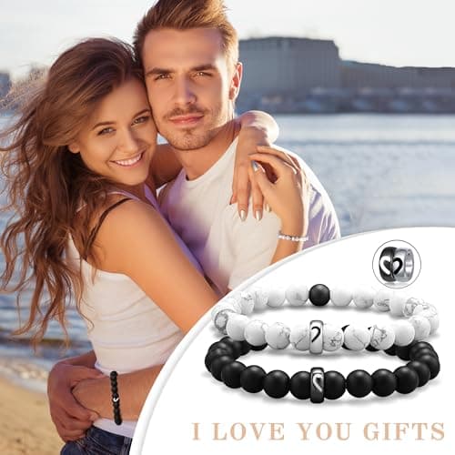 Sistble Pinky Promise Bracelet, Promise Gifts for Boyfriend Matching Bracelets Heart Love You Gifts for Him Black White Beaded Bracelets for Men Birthday Anniversary Friend Gift Jewelry view 2