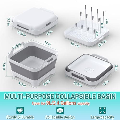 Yecuip Collapsible Wash Basin for Baby Bottles with Drying Rack – 2.4 Gallon Foldable Dish Tub with Handles, Portable RV Camping Sink & Space-Saving Wash Bin with Lid for Kitchen, Travel & Outdoor view 3