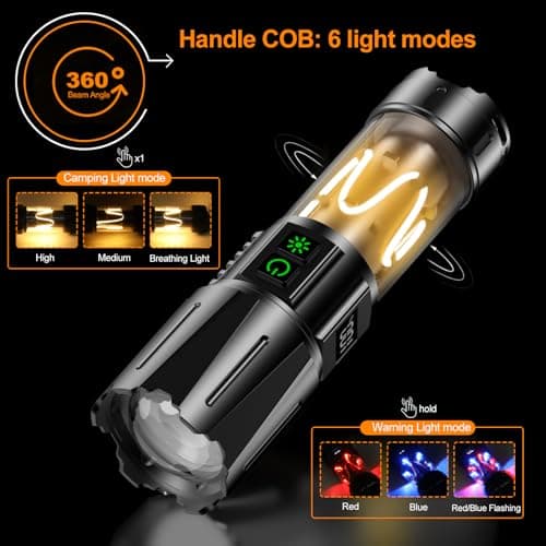 Super Bright Flashlight High Lumens 100000 Rechargeable, Powerful 50W LED, Long Lasting 30H, Daul Bottons 10Modes with Side Light, Quick USB C Charge & Output, Multi-functional for Home Camping Hiking view 4