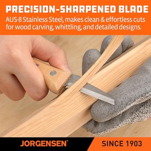 Jorgensen 3-Piece Wood Carving Tools, Stainless Steel Whittling Knife Set with Canvas Pouch, Protective Blade Cover, Ergonomic Curved Handle - Professional Wood Carving Kit for Beginners view 3