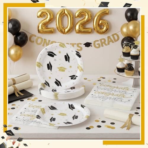 NatNarr 2026 Graduation Plates and Napkins, 50 Pcs Black and Gold Graduation Decorations with 7 Inch Grad Dessert Cake Plates，6.5 Inch Napkins for Class of 2026 Kindergarten Middle High College School view 2