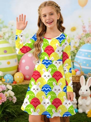 Ithalt Girls Easter Dress Bunny Print Shirts Easter Long Sleeve Dresses Litter Girls Christian Easter Gifts 5-12y view 2