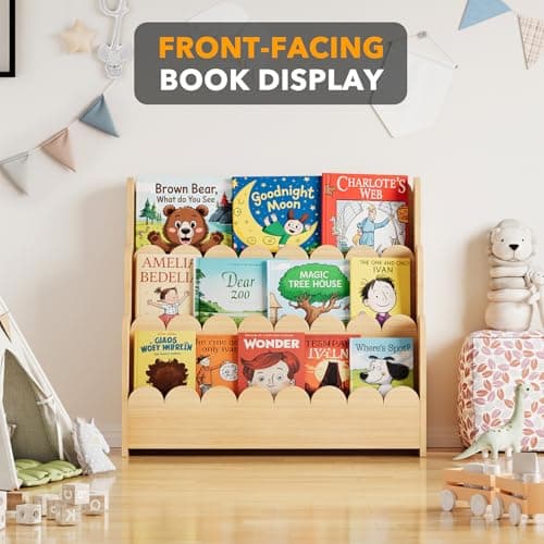 SpaceAid 3-Tier Scalloped Bookshelf, Montessori Bookcase for Toddlers, Wooden Book Shelf Organizer Display Furniture for Kids Rooms, Playroom, Nursery and Classroom, Natural view 6