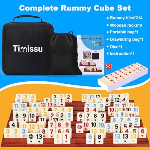 Timissu Rummy Cube 6-8 Players with 8 Wooden Racks 214 Large Number Rummy Tiles Travel Size Rummy Cube Game with Case 8 Players Travel Game Set for Fun Family Board Games view 5