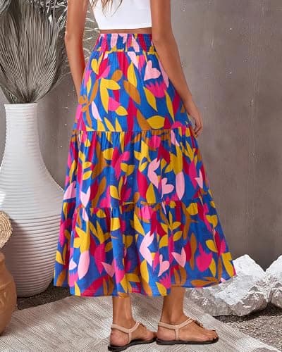 BTFBM Skirts for Women Summer 2026 Floral Print A Line Elastic High Waist Boho Maxi Skirt Spring Fashion Clothing Pocket view 5