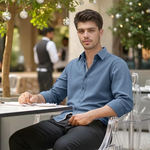 Men’s Casual Untucked Button Down Shirt Long Sleeve Stylish Business Casual Dress Shirts for Men view 4