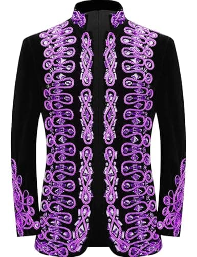 Pyiujtr Men's Standing Collar Velvet Knot Embroidery Handmake Scrystals Court Gentleman Slim Fit Blazer Masculine Baroque-Inspired Purple Gold
