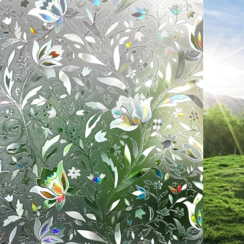 rabbitgoo Window Privacy Film, Decorative Stained Glass Window Film, Sun Blocking Glass Clings, Renter-Friendly Static Cling Frosted Sticker Covering for Home Door, Rainbow Tulip 17.5" x 78.7" view 1