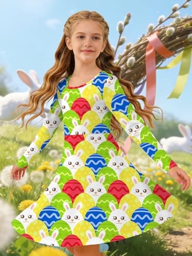 Ithalt Girls Easter Dress Bunny Print Shirts Easter Long Sleeve Dresses Litter Girls Christian Easter Gifts 5-12y view 5