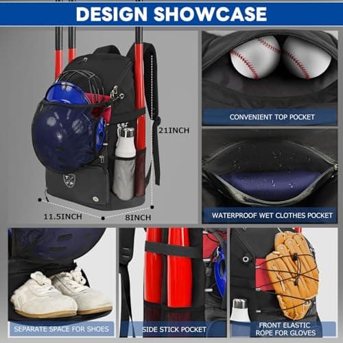 TPAID Baseball Backpack Large Capacity Softball Bag with Shoes Compartment and Fence Hook, Lightweight Baseball Equipment Bag Holds Bats, Helmets, Gloves, Hats, Clothes, Shoes view 2