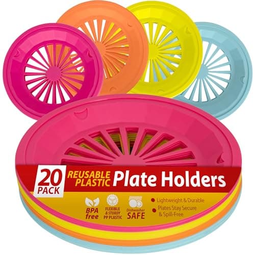 Besti Reusable Plastic Paper Plate Holders 10 Inch, 20 Piece Round Plastic Paper Plate Holder Set with Snap-In Grooves, Dishwasher Safe, 4 Assorted Colors view 1