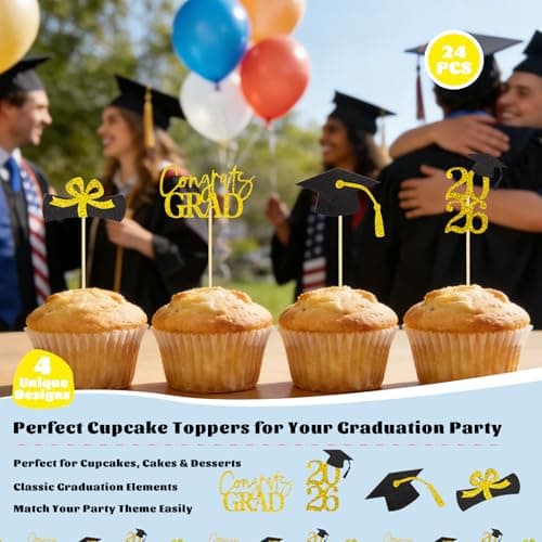 Oeyliz Graduation Cupcake Toppers 2026 Graduation Theme Cupcake Toppers Glitter 2026 Grad Cap Congrats Grad Diploma Cupcakes Toppers 24 PCS For 2026 Graduation Cake Decorations Supplies Gold view 3