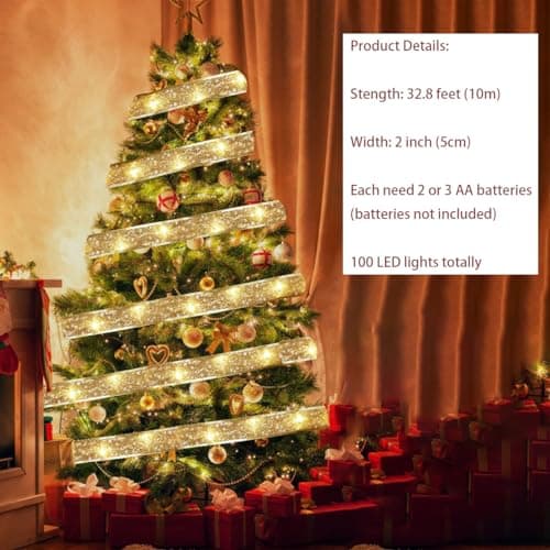 Christmas Tree Decorations Ribbon Lights, 32ft 100 LED String Lights, Battery-Powered Copper Wire Christmas Tree Ribbon Lights for Holiday Party Weddings Indoor Christmas Tree Decorations (Gold) view 3